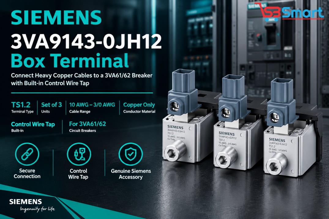 Siemens 3VA9143-0JH12 Box Terminal: Connect Heavy Copper Cables to a 3VA61/62 Breaker and Tap a Control Voltage at the Same Time