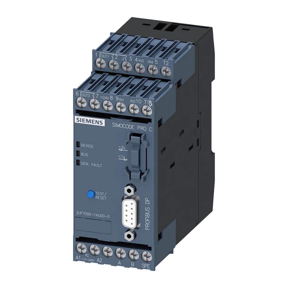 basic device SIMOCODE pro C, PROFIBUS DP interface 12 Mbps, RS-485, 4 I/3 O freely configurable, Us: 110...240 V AC/DC, input for thermistor connection monostable relay outputs - 3UF70001AU000
