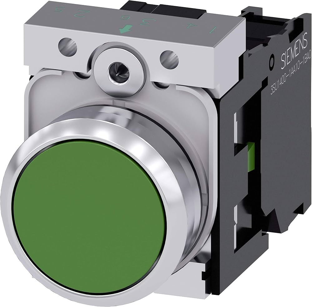 Illuminated pushbutton, 22 mm, round, metal, shiny, green, pushbutton, flat, momentary contact type, with holder, 1 NO - 3SU11520AB401BA0