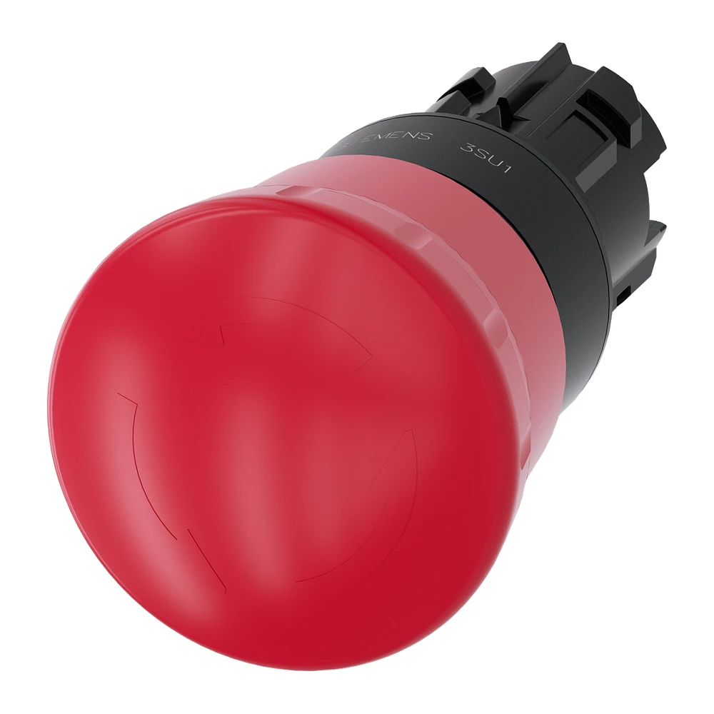 EMERGENCY STOP mushroom pushbutton, 22 mm, round, plastic, red, 40 mm, positive latching, acc. to EN ISO 13850, rotate-to-unlatch - 3SU10001HB200AA0