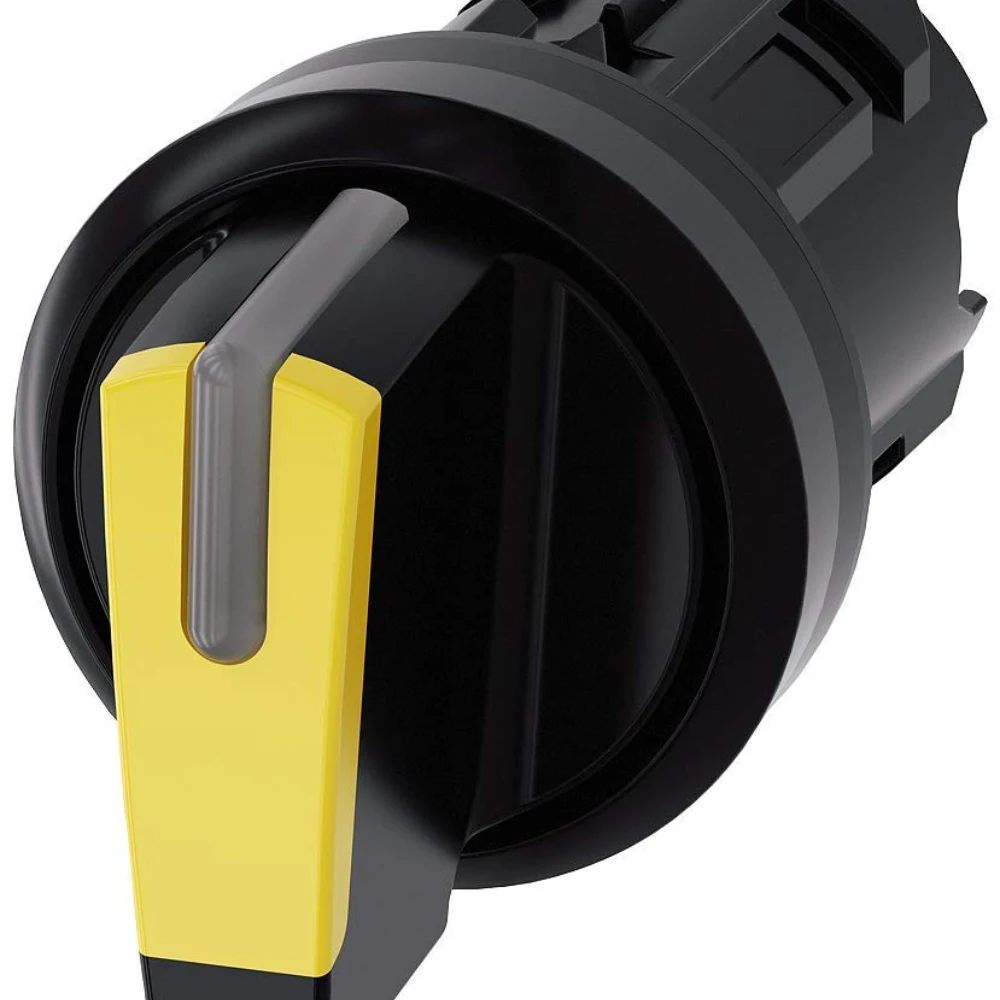 Illuminated selector switch, 22 mm, round, plastic, yellow, long handle, 2 positions O-I, maintained, 100 degree operating angle, with holder - 3SB5001-2AD01