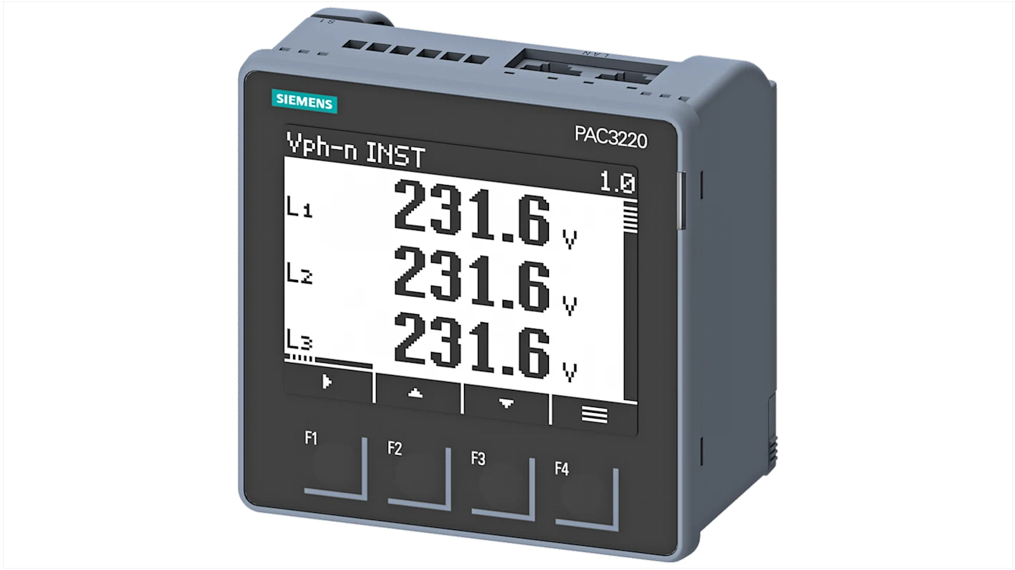 SENTRON PAC3220, LCD 96 x 96 mm Power Monitoring Device, control panel instrument with measurement of electrical variables, protocol: Modbus TCP, with graphical display, Ue rated: 690/400 V, 45-65 Hz, Ie rated: X/1 A or X/5 A AC - 7KM3220-0BA01-1DA0