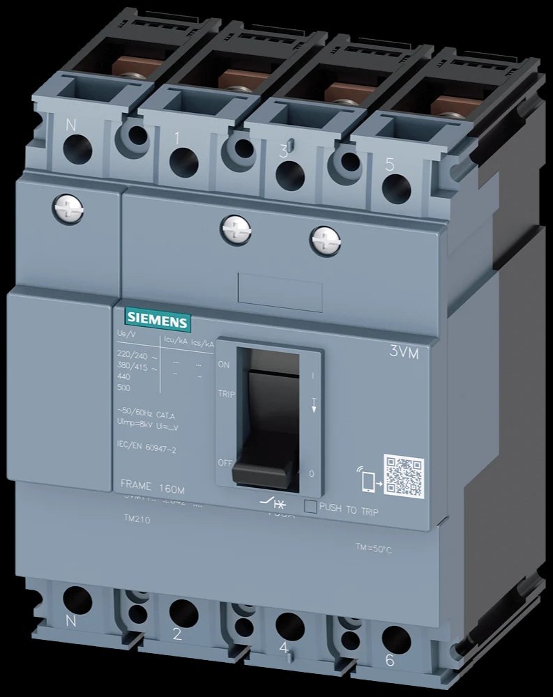 circuit breaker 3VM1 IEC frame 160 breaking capacity class N Icu=25kA @ 415V 4-pole, line protection TM210, FTFM, In=125A overload protection Ir=125A - 3VM1112-3ED42-0AA0