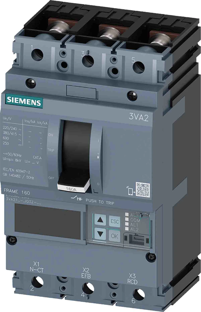 Circuit breaker 3VA2 IEC Frame 160 breaking capacity class M Icu=55 kA @ 415 V 3-pole, line protection ETU560, LSIG, In=160 A overload protection Ir=63 A...160 A short-circuit protection Isd=0.6..10x In, Ii=1.5..10x In neutral conductor protection - 3VA21